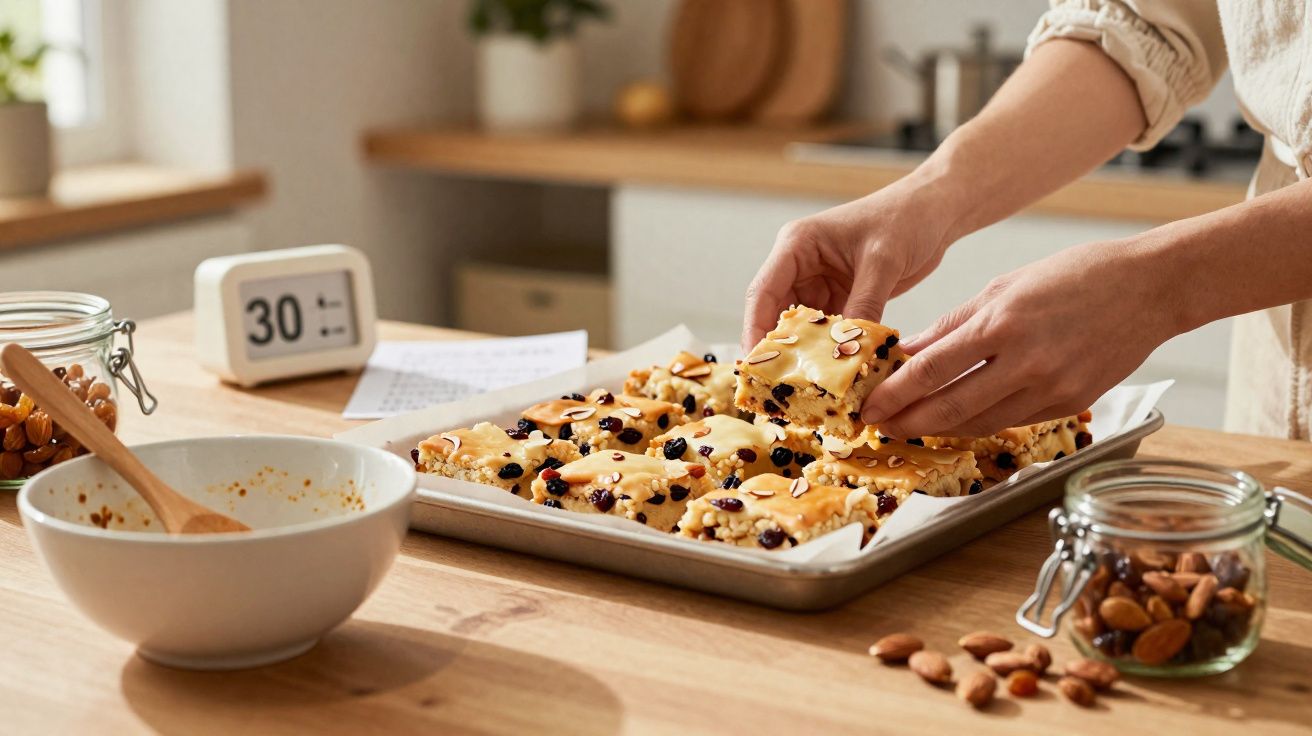 Mãos a retirar bolachas com frutos secos e amêndoas de um tabuleiro numa cozinha moderna e iluminada.