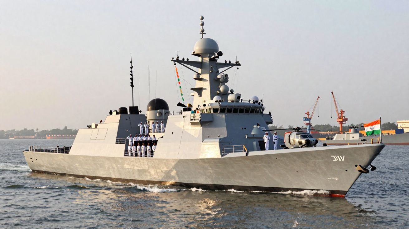 Navio de guerra moderno com tripulantes em uniforme branco no convés, navegando em águas calmas.