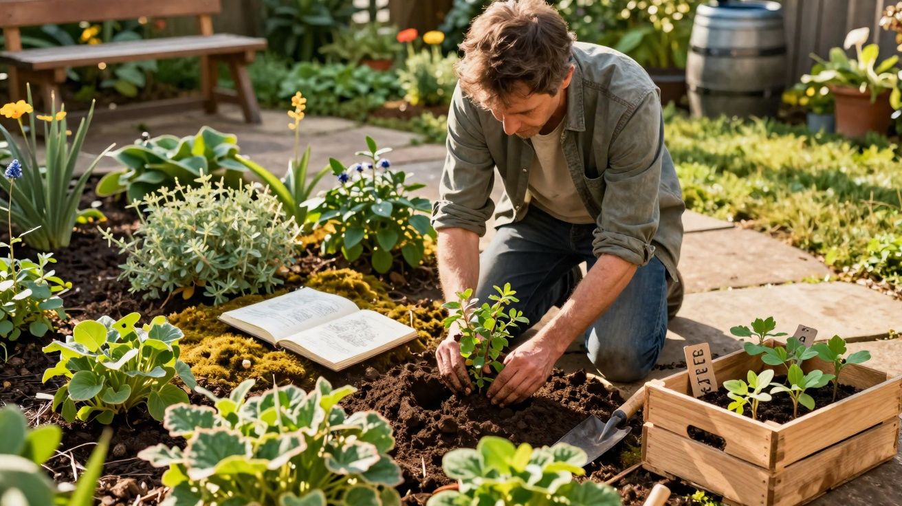 Homem a plantar uma muda no jardim, rodeado de plantas, com um livro aberto ao lado.