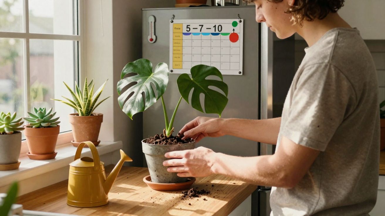 Pessoa a cuidar de planta numa cozinha com luz natural, vaso cinzento e regador amarelo na bancada.