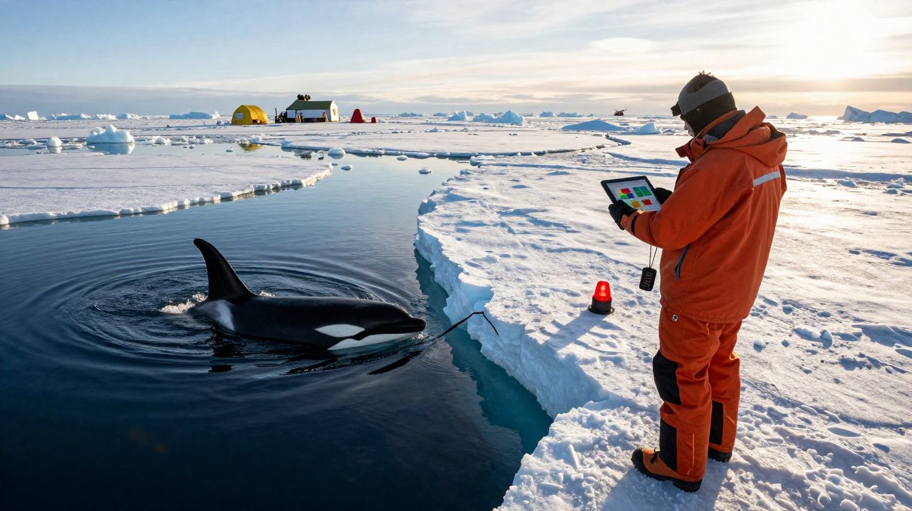 Cientista com fato térmico observa orca ligada por sensor em ambiente gelado com tendas ao fundo.