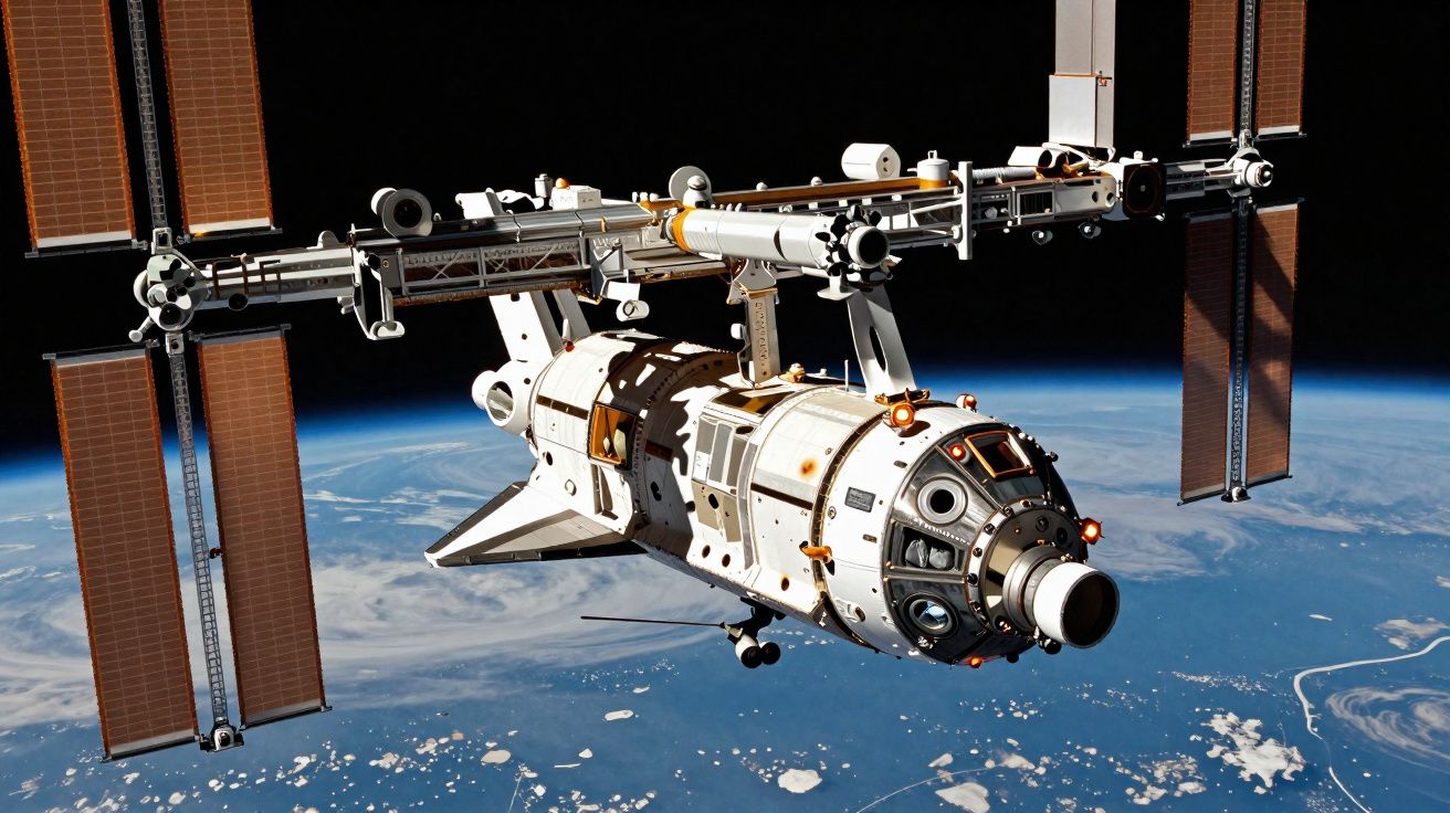 Estação espacial com painéis solares em órbita terrestre visível com nuvens e oceano.