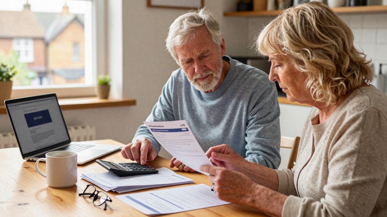 Casal idoso a analisar documentos e contas com calculadora numa cozinha iluminada.