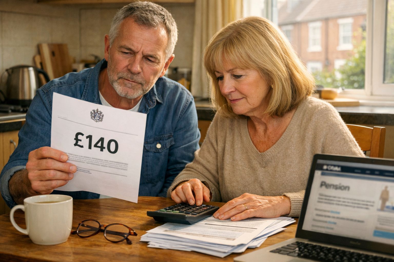 Casal sénior analisa faturas e calcula despesas financeiras numa cozinha iluminada.