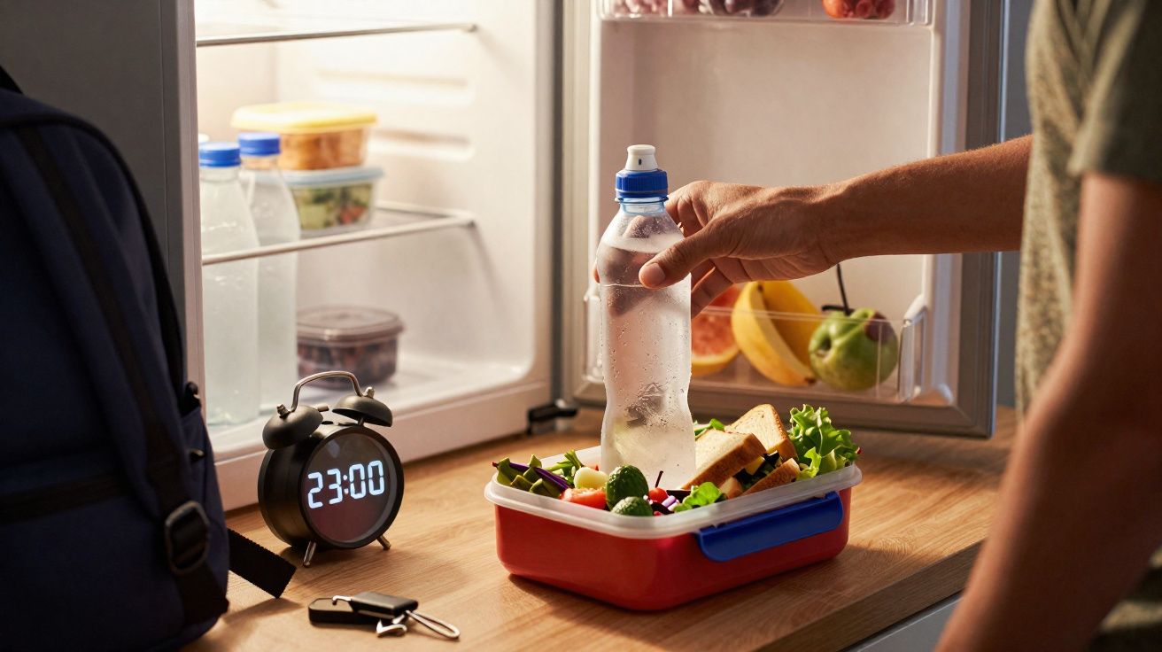 Pessoa a colocar garrafa de água num lancheira com sanduíche e salada, ao lado de relógio digital mostrando 23:00.