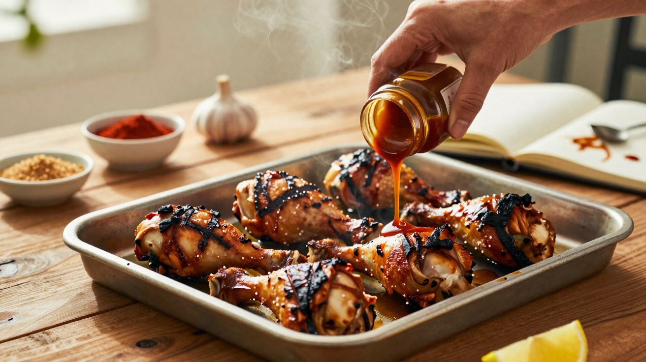 Pernas de frango grelhadas numa assadeira com molho a ser derramado, rodeadas de especiarias e limão.