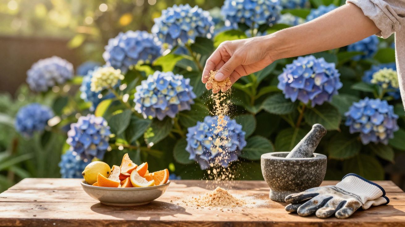 Pessoa a deitar adubo em pó num jardim com flores azuis e fruta num prato sobre uma mesa de madeira.