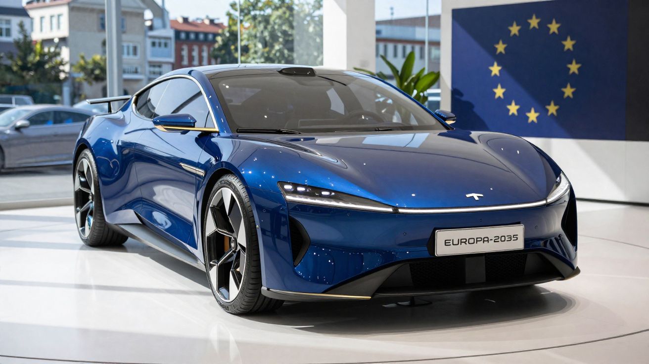 Carro desportivo elétrico azul com placa "EUROPA-2035" exposto em ambiente moderno com bandeira da UE ao fundo.