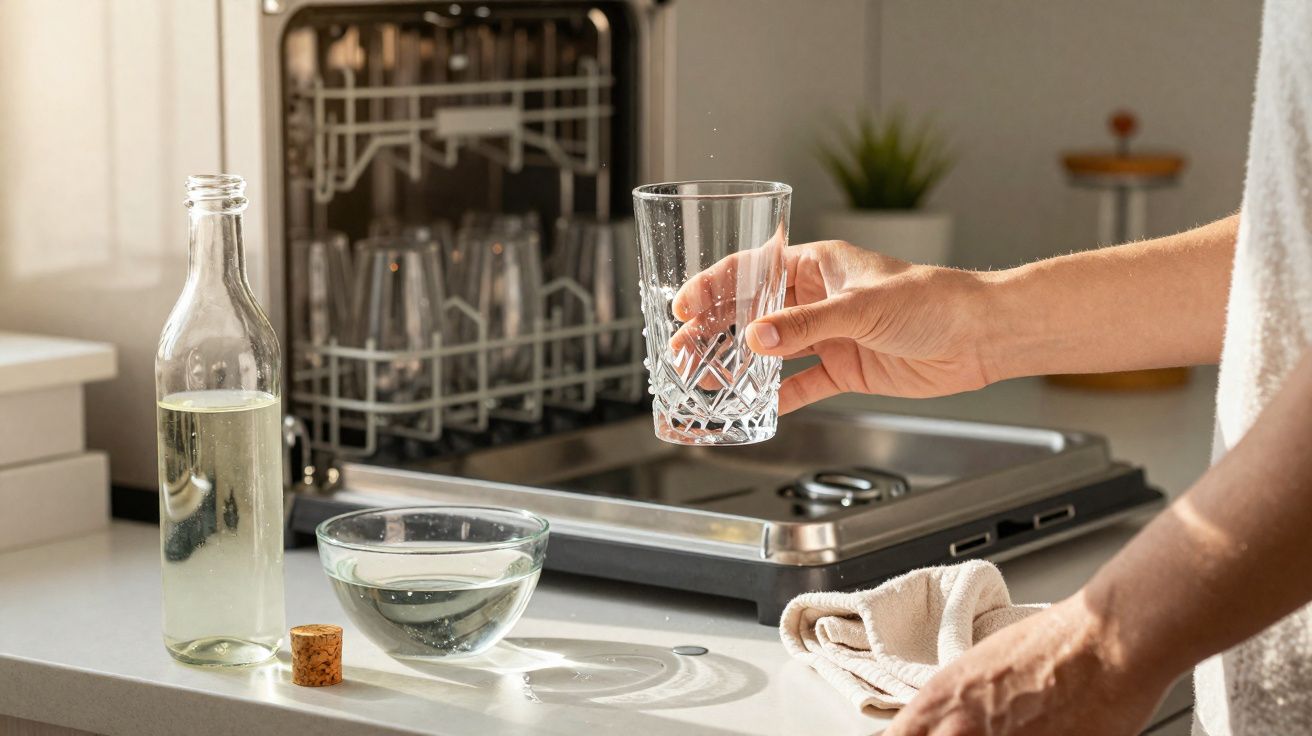 Pessoa a secar copo de vidro perto da máquina de lavar loiça aberta numa cozinha iluminada.