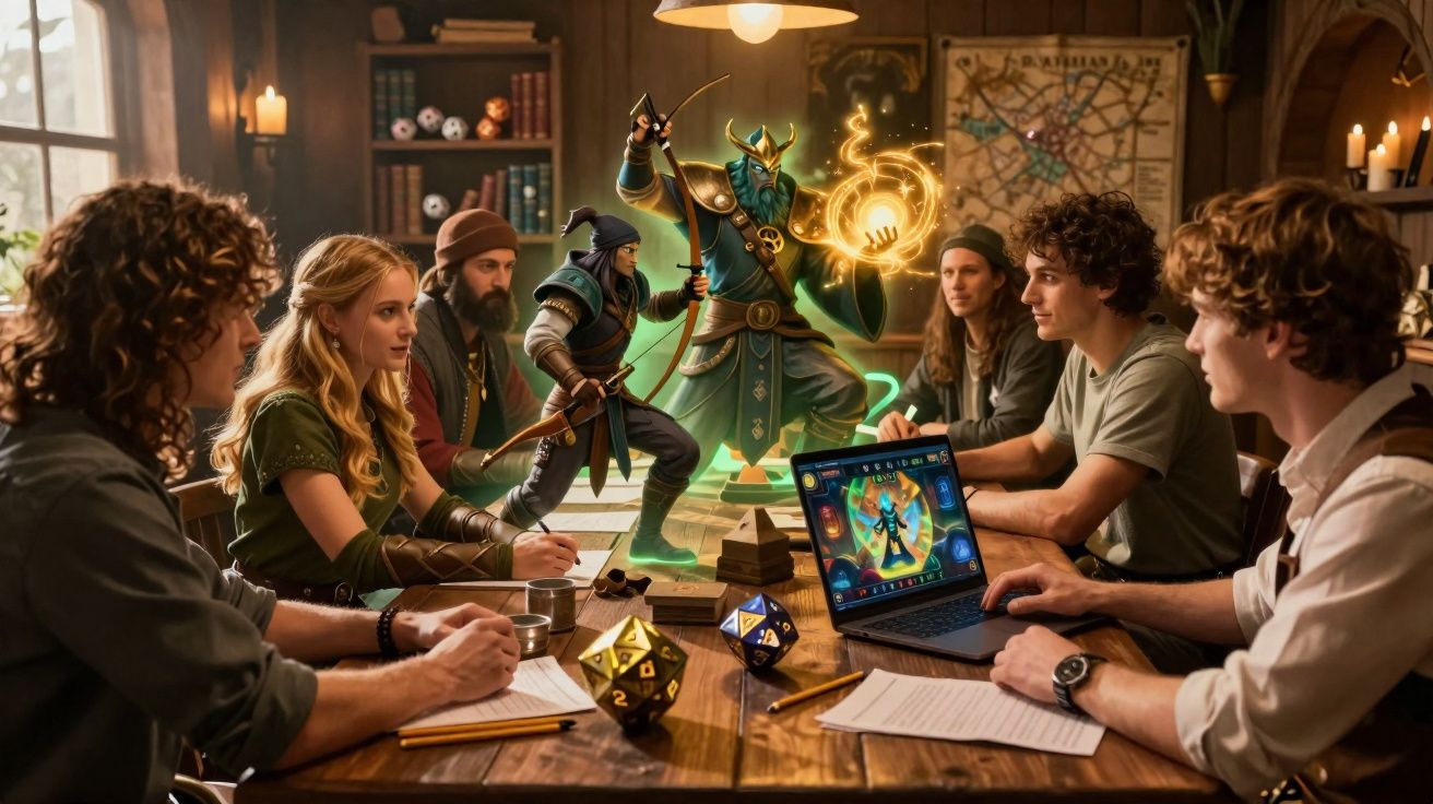 Grupo de jovens a jogar RPG de mesa com miniaturas e laptop num ambiente acolhedor.