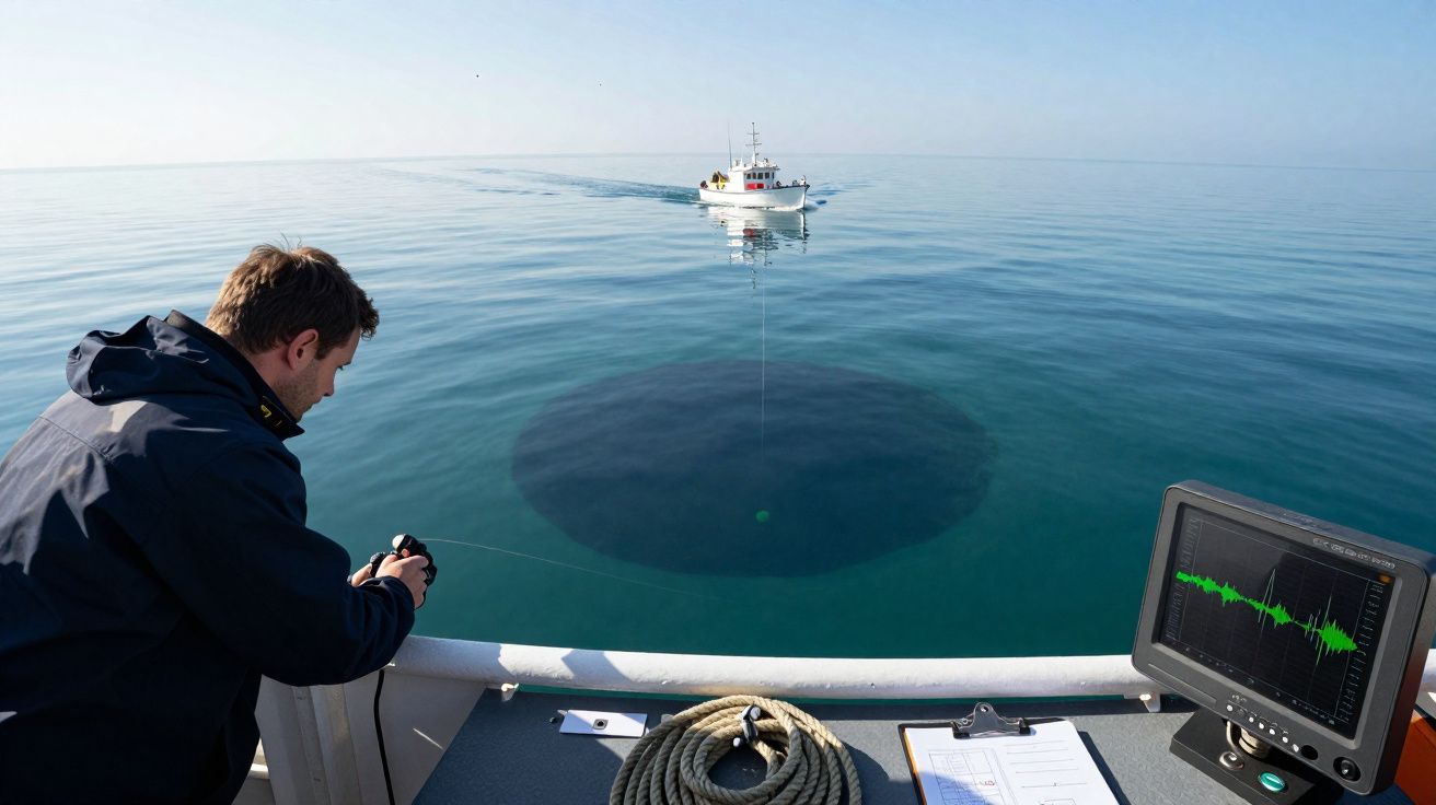 Homem a operar equipamento de medição em barco próximo a outro barco, águas calmas e círculo escuro no mar.
