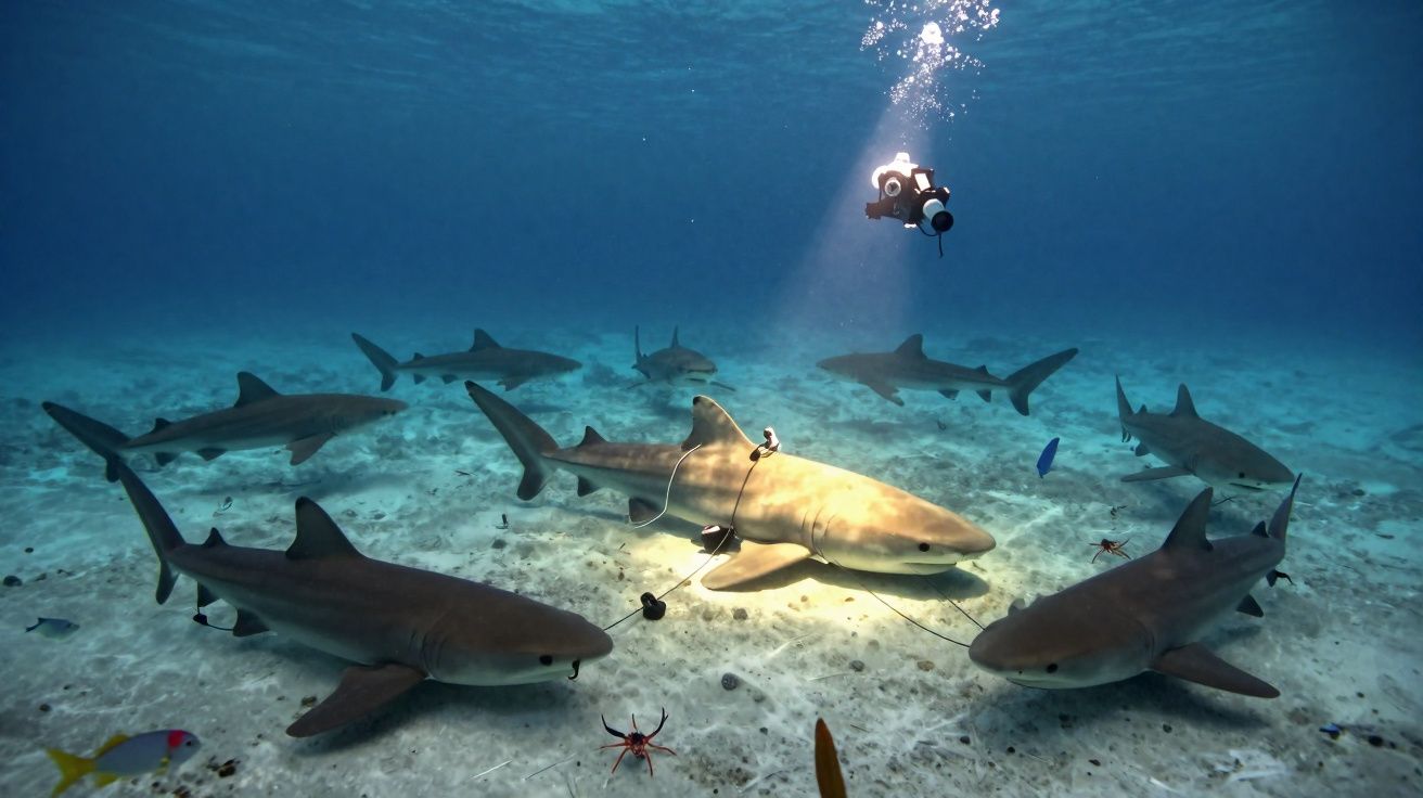 Mergulhador a filmar vários tubarões no fundo do mar com aparelhos ligados aos tubarões.