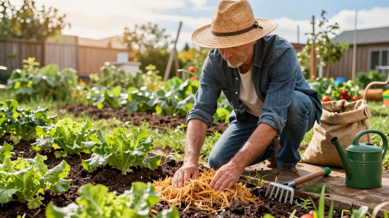 Homem idoso com chapéu a cuidar de planta no jardim com regador e ferramentas ao lado.