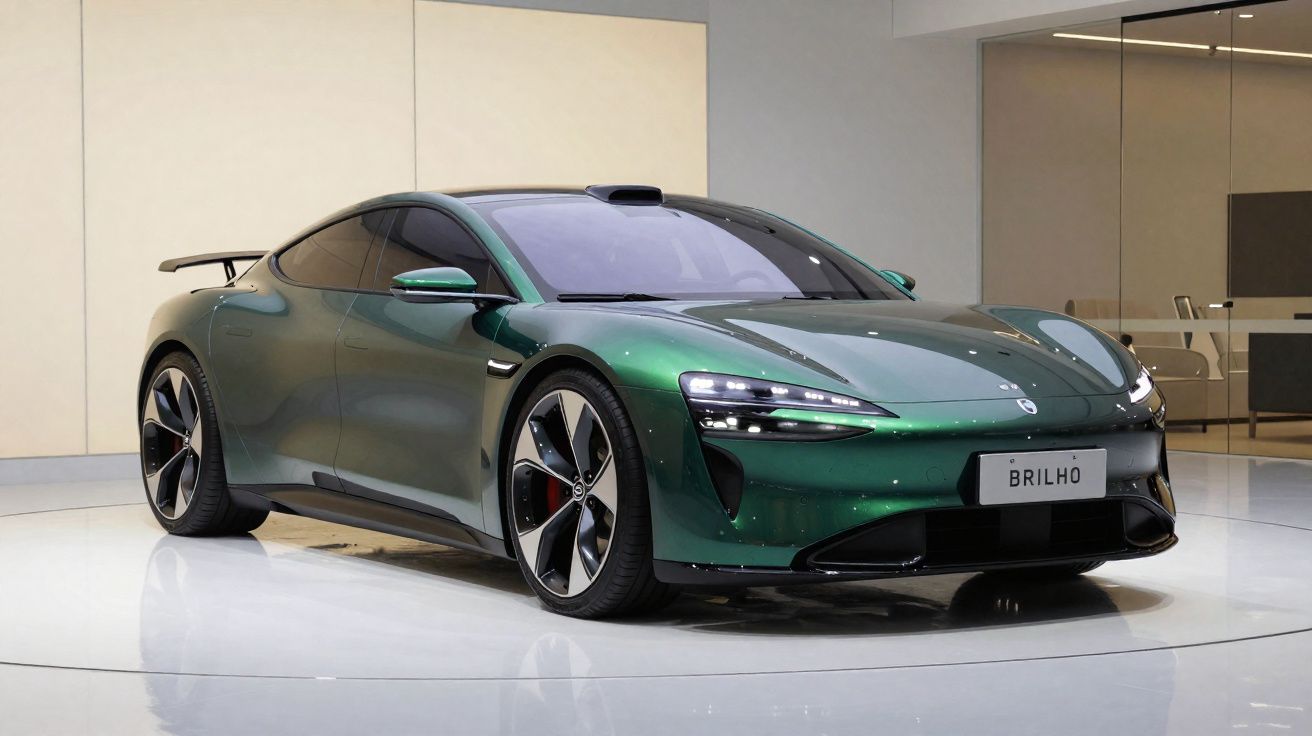 Carro desportivo elétrico verde metalizado com design aerodinâmico em showroom moderno.