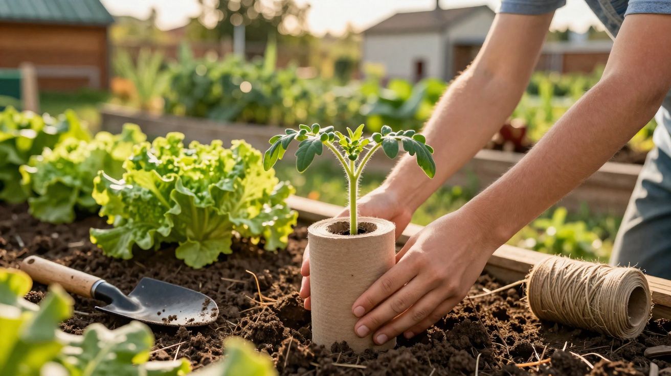 Mãos a plantar pequena muda de tomateiro em vaso biodegradável num canteiro com alface ao fundo.