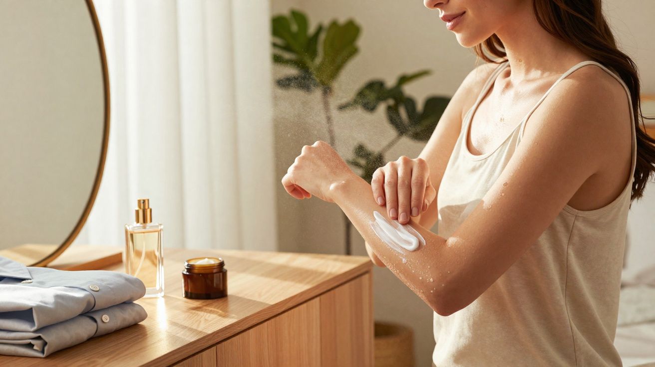 Mulher a aplicar creme hidratante no braço com ambiente interior luminoso e plantas ao fundo.