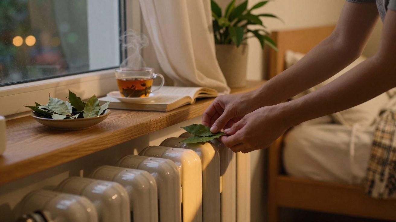 Mãos a colocar folhas numa divisão quente junto a uma chávena de chá fumegante numa janela com livro aberto.