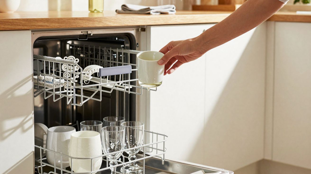 Pessoa a colocar uma chávena branca numa máquina de lavar loiça na cozinha moderna.