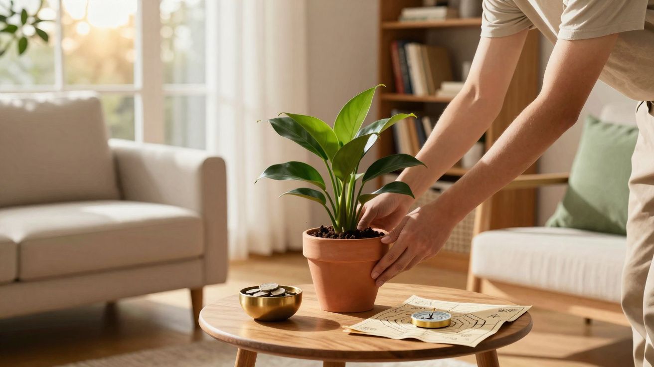 Pessoa a colocar vaso com planta numa mesa de centro numa sala de estar acolhedora com sofá e estante ao fundo.