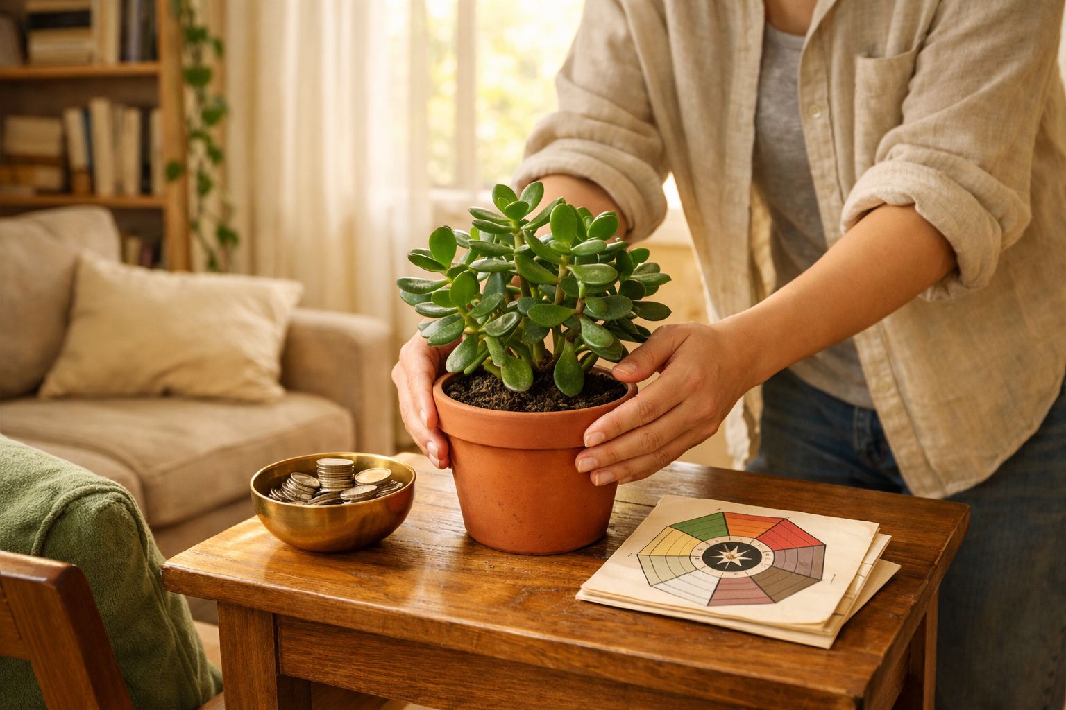 Pessoa a segurar planta suculenta em vaso de barro numa mesa com moedas e gráfico colorido.