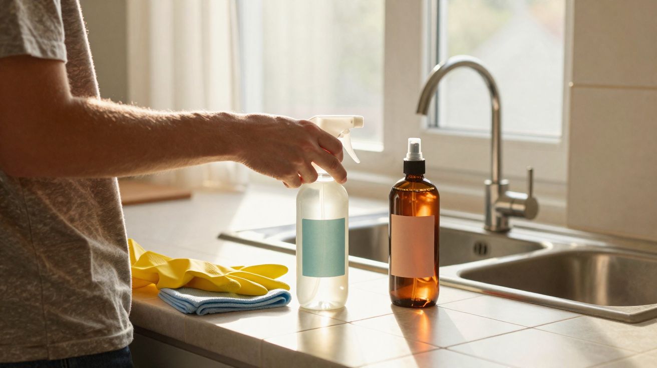 Pessoa a preparar spray de limpeza na cozinha, com duas garrafas e luvas amarelas sobre o balcão.