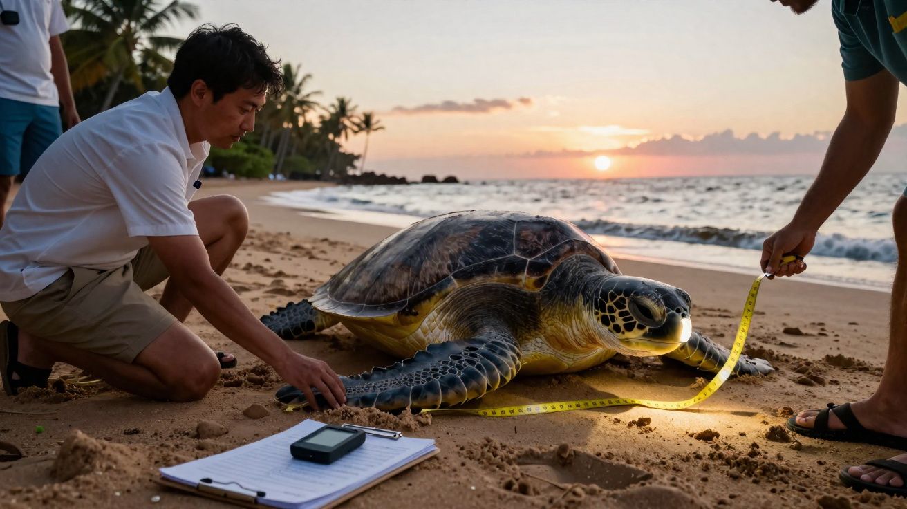 Duas pessoas medem uma tartaruga marinha numa praia ao pôr do sol com um bloco de notas na areia.