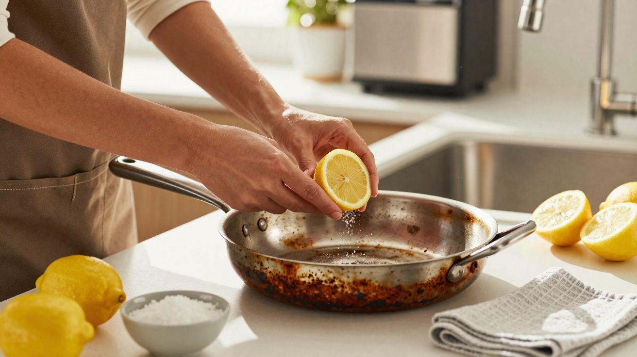 Pessoa a espremer limão sobre frigideira de metal numa cozinha com limões e sal na bancada.