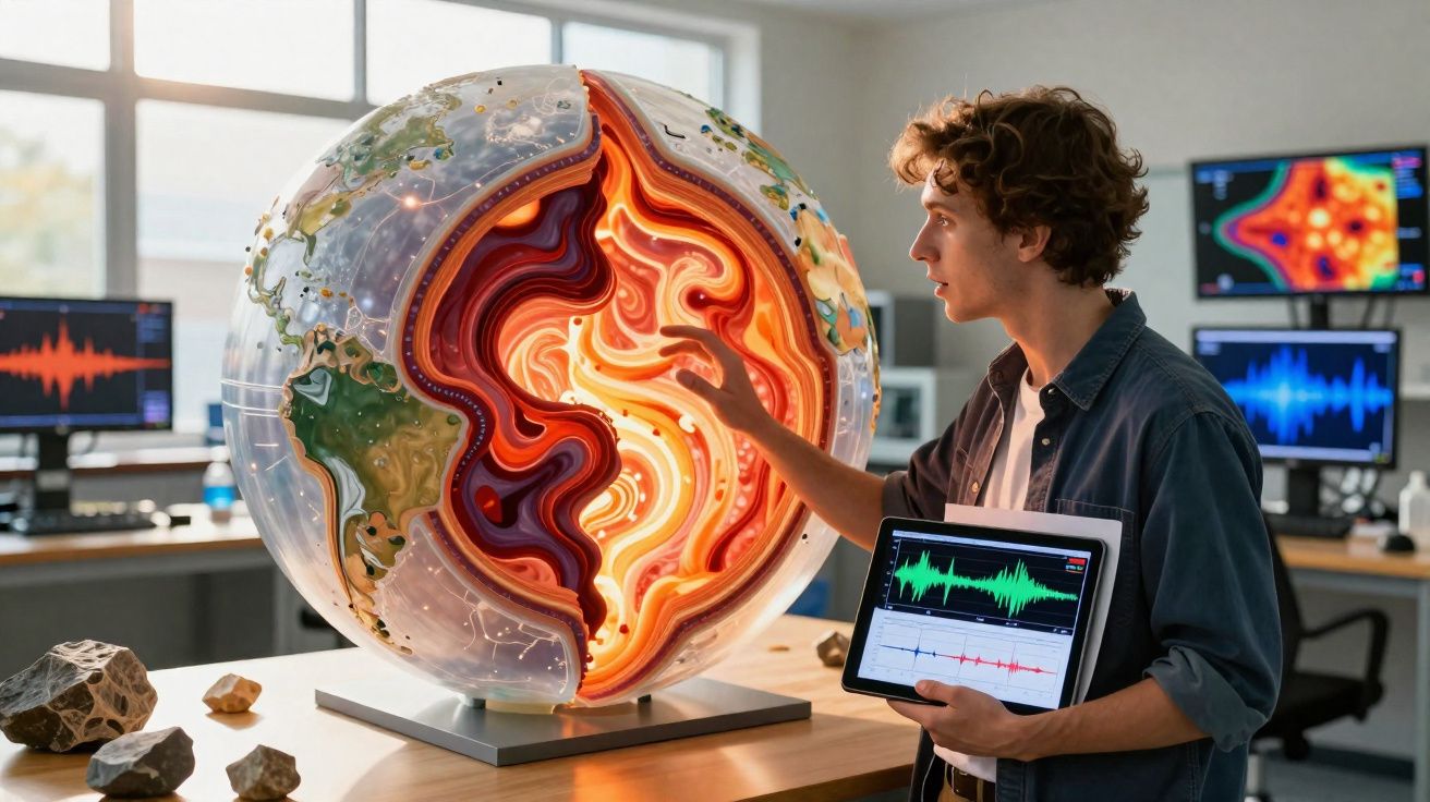 Homem a analisar um modelo iluminado da estrutura interna da Terra numa sala de laboratório.