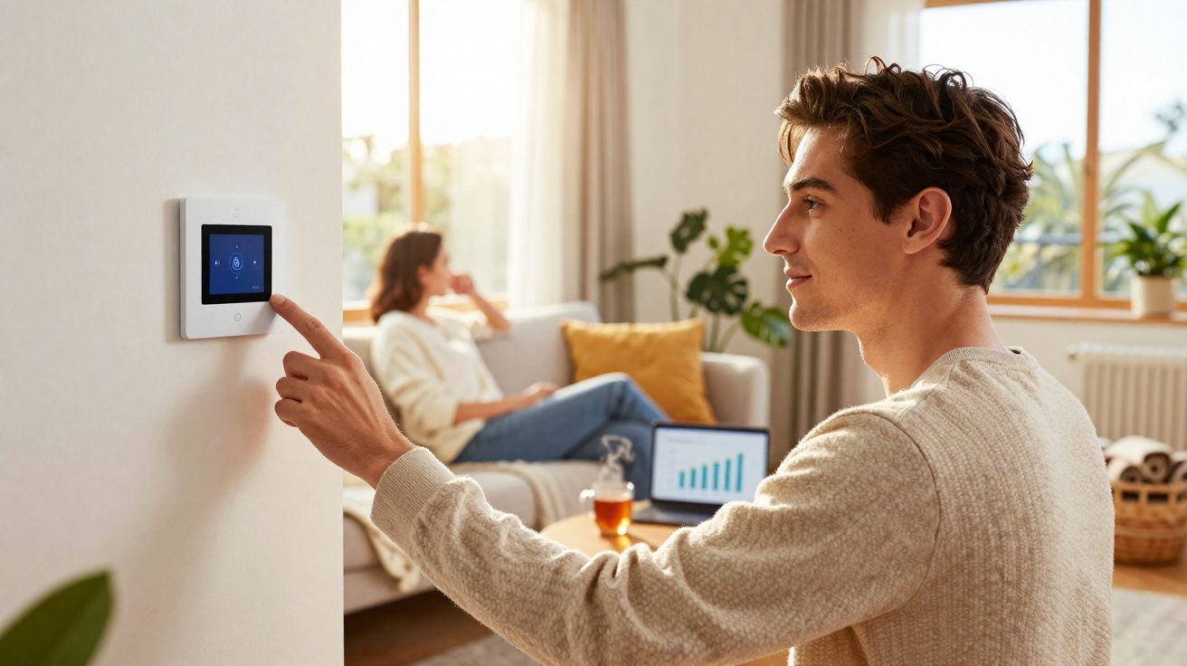 Homem ajusta termóstato inteligente enquanto mulher relaxa no sofá numa sala com luz natural.