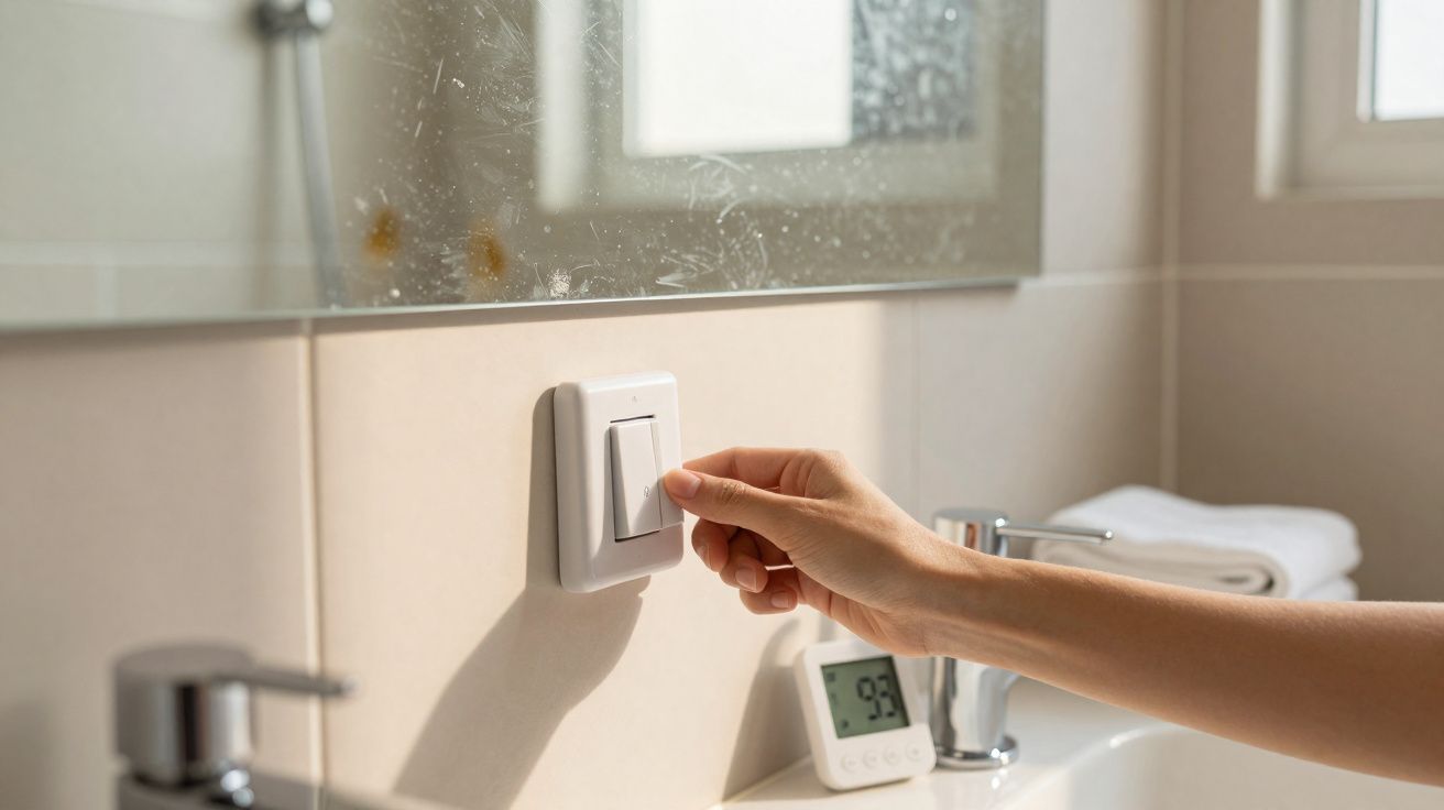 Mão a desligar interruptor de luz numa casa de banho moderna com lavatório e toalhas ao fundo.