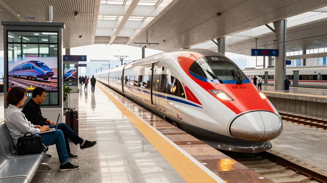 Comboio de alta velocidade parado numa estação moderna com passageiros sentados no banco junto à plataforma.