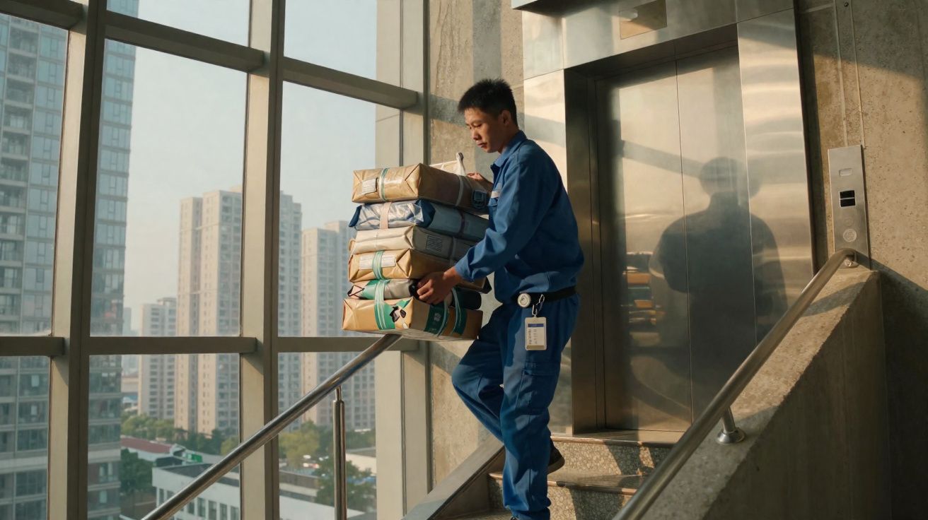 Homem de uniforme azul a transportar várias caixas embaladas numa escadaria interior junto a um elevador.