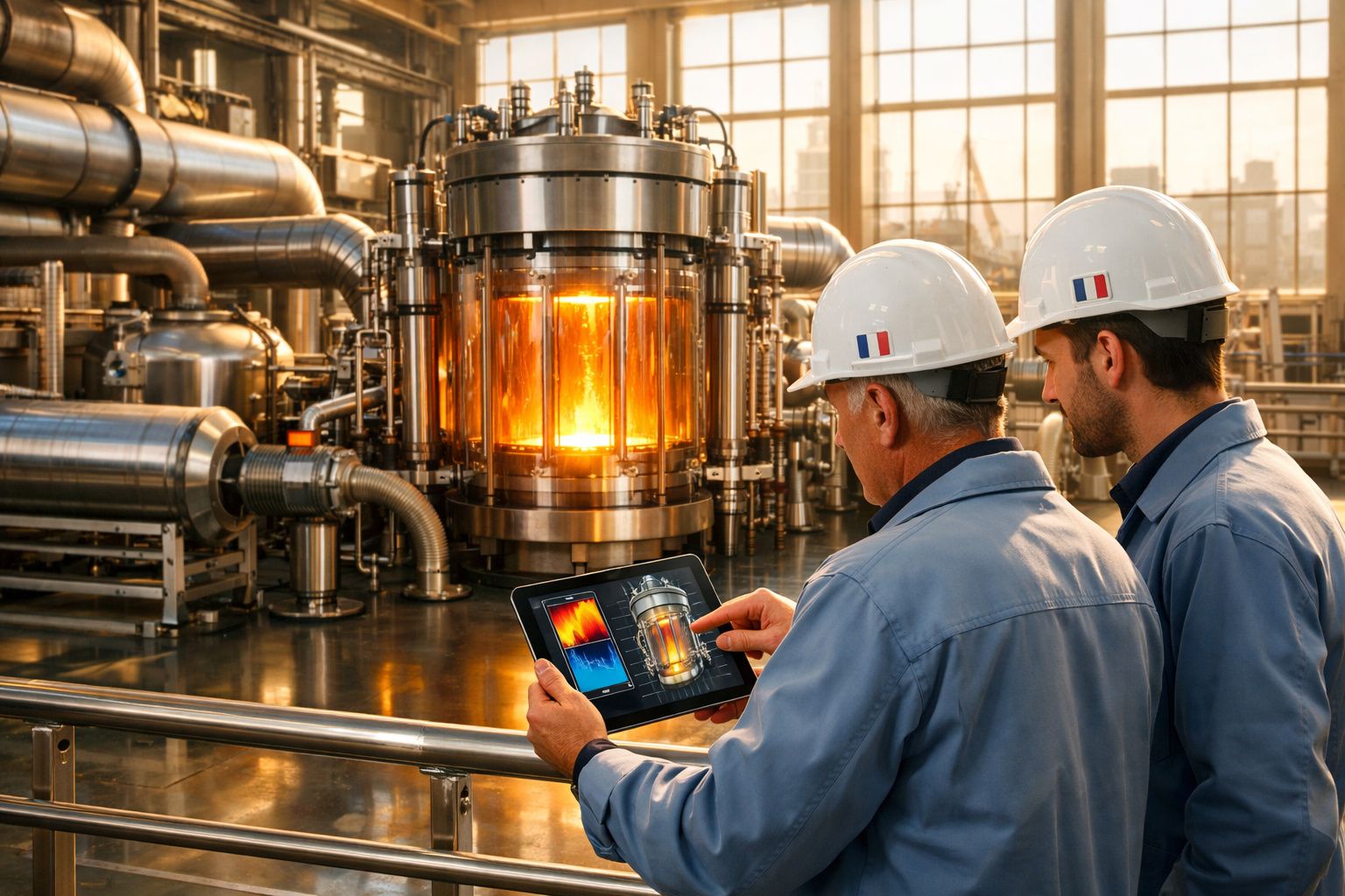 Dois engenheiros com capacetes brancos analisam dados num tablet numa fábrica industrial com equipamento metálico e luz laran