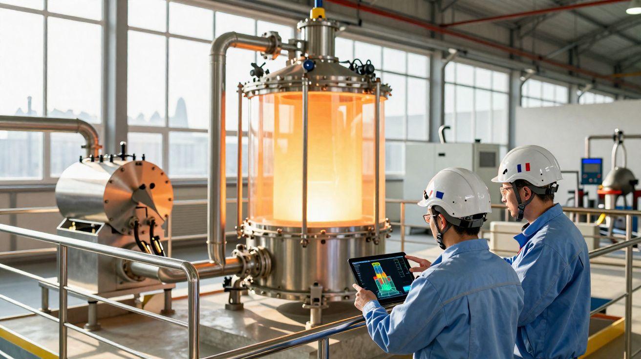 Dois técnicos em capacetes e fatos azuis monitorizam equipamento industrial iluminado numa fábrica moderna.