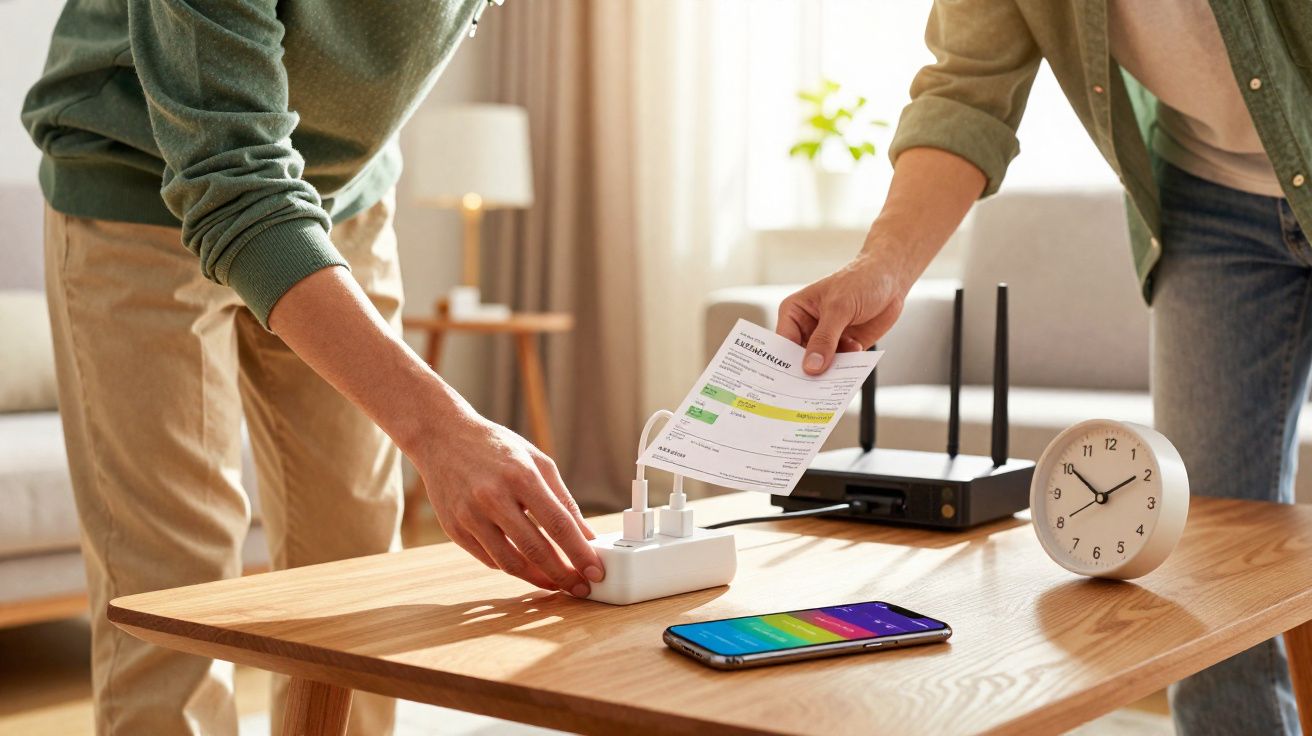 Duas pessoas a medir consumo de eletricidade com dispositivo ligado a tomada, smartphone e conta de luz numa mesa.