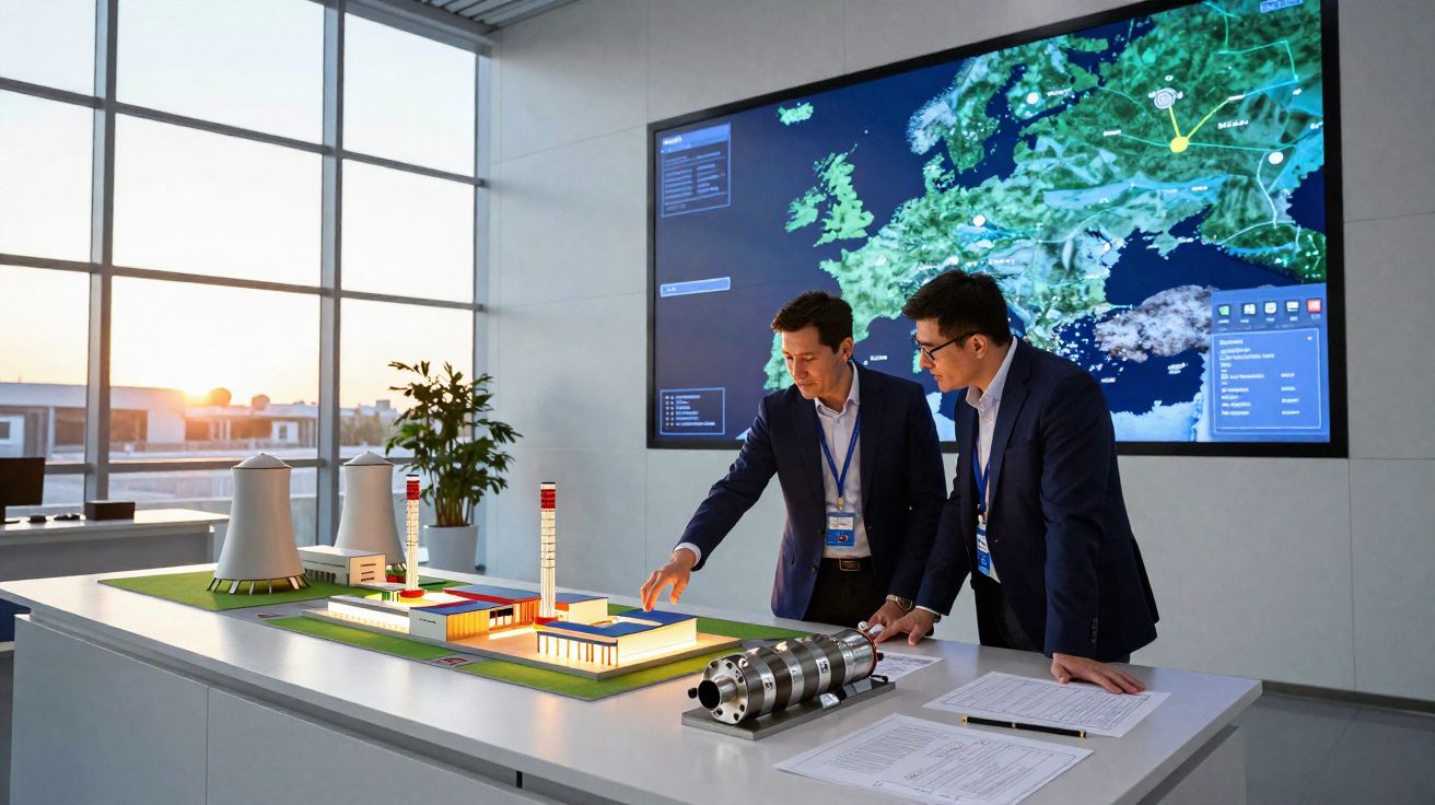 Dois homens de negócios analisam maquete industrial com mapa da Europa numa sala moderna e iluminada.