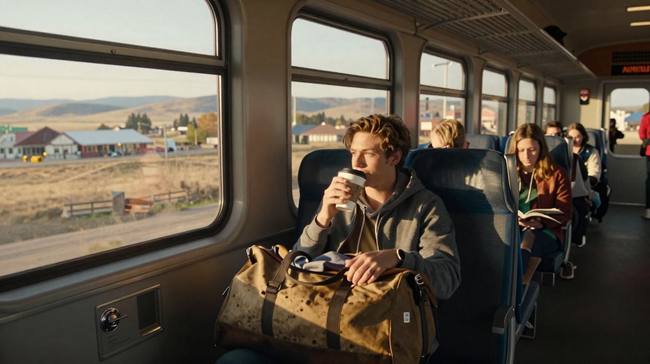 Jovem sentado num comboio a beber café e a olhar pela janela com mala em cima das pernas.