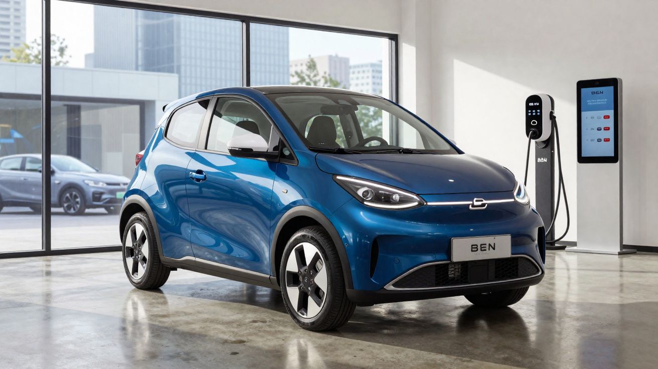 Carro elétrico compacto azul estacionado em garagem moderna junto a estação de carregamento.