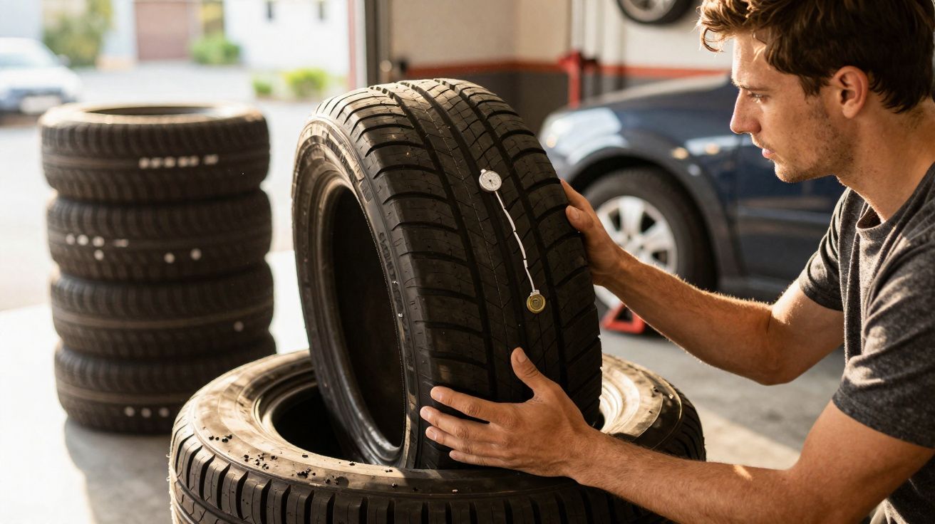 Homem a reparar um pneu de carro com um objeto metálico no centro numa oficina.