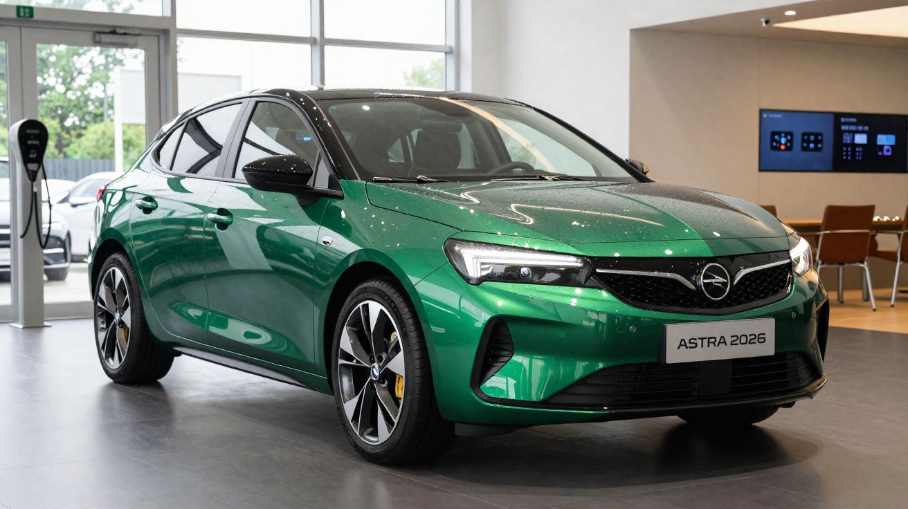 Carro Opel Astra 2026 verde exposto numa loja moderna com paredes brancas e piso cinzento.