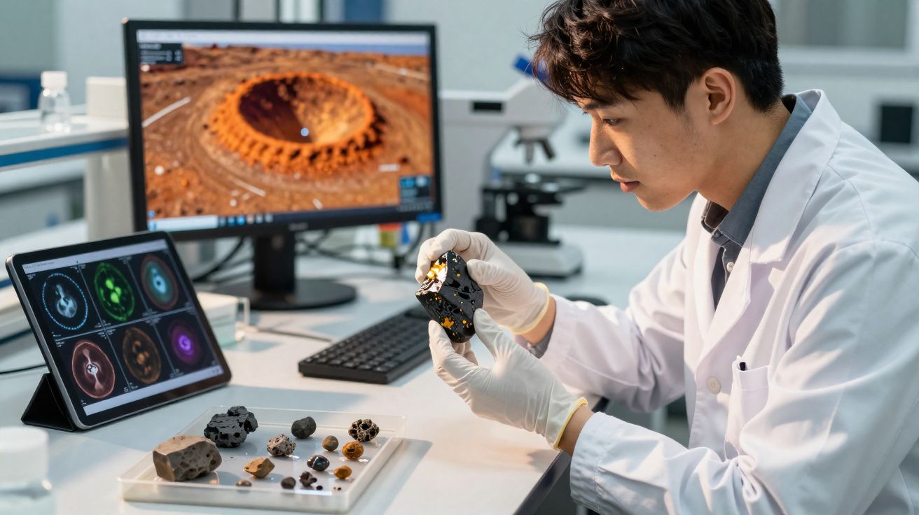 Cientista em laboratório analisa amostras de rochas espaciais com imagens de crateras e asteroides nos ecrãs.