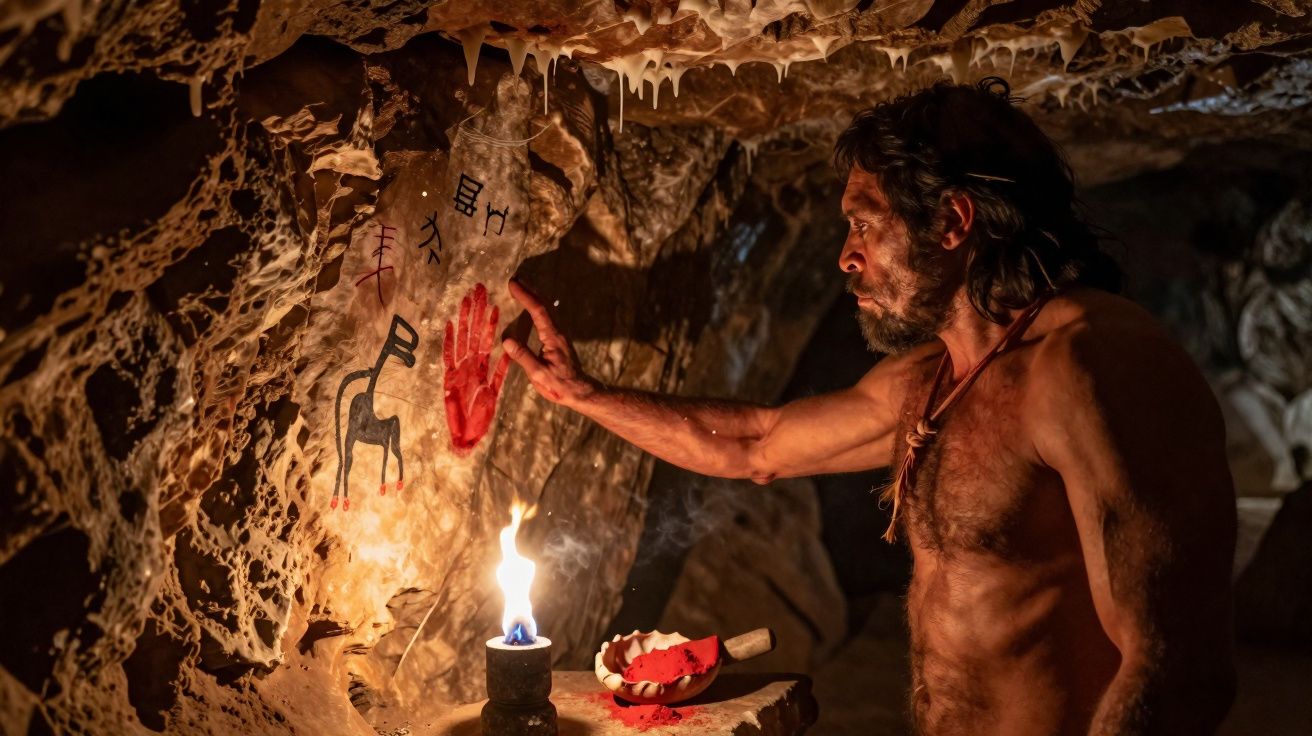 Homem pré-histórico pinta mão vermelha e símbolos na parede de uma caverna iluminada por fogo.