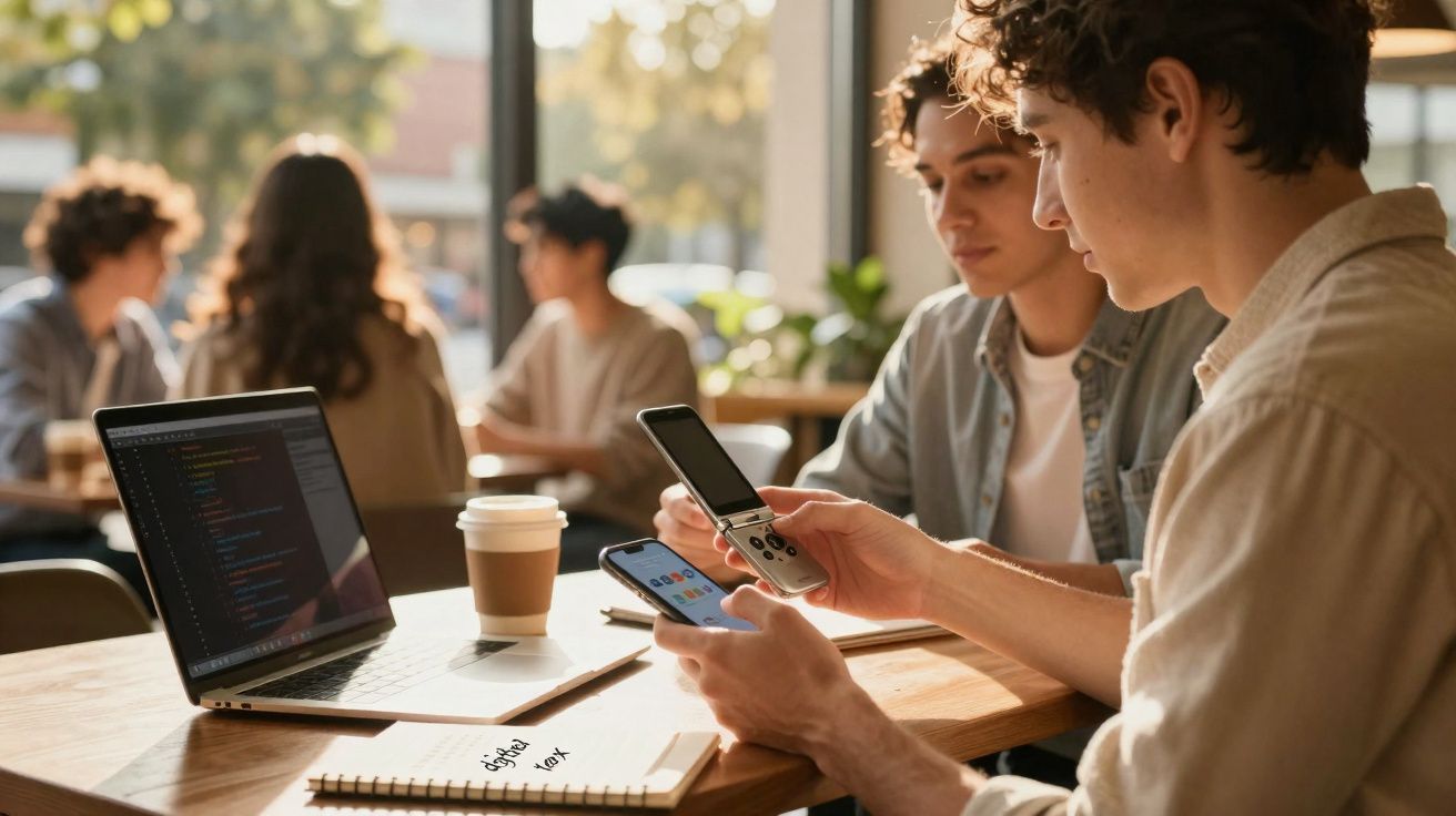 Dois jovens sentados à mesa, um com telemóvel dobrável e outro com smartphone, laptop e caderno à frente.