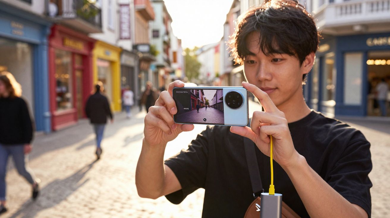 Jovem a tirar foto com smartphone Samsung numa rua de calçada com pessoas ao fundo.