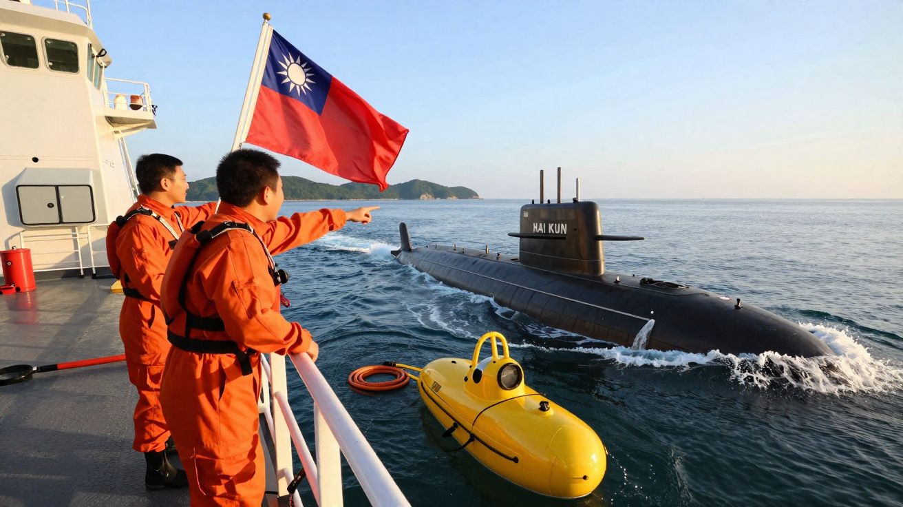 Dois militares em fato laranja em navio observam um submarino com a bandeira de Taiwan e um veículo amarelo na água.