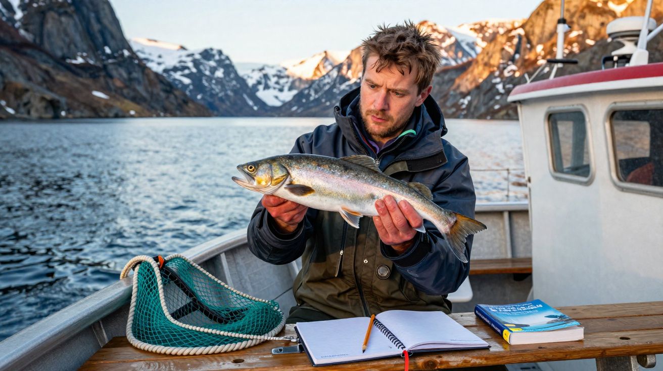 Homem segurando um peixe num barco com montanhas e mar ao fundo ao pôr do sol.