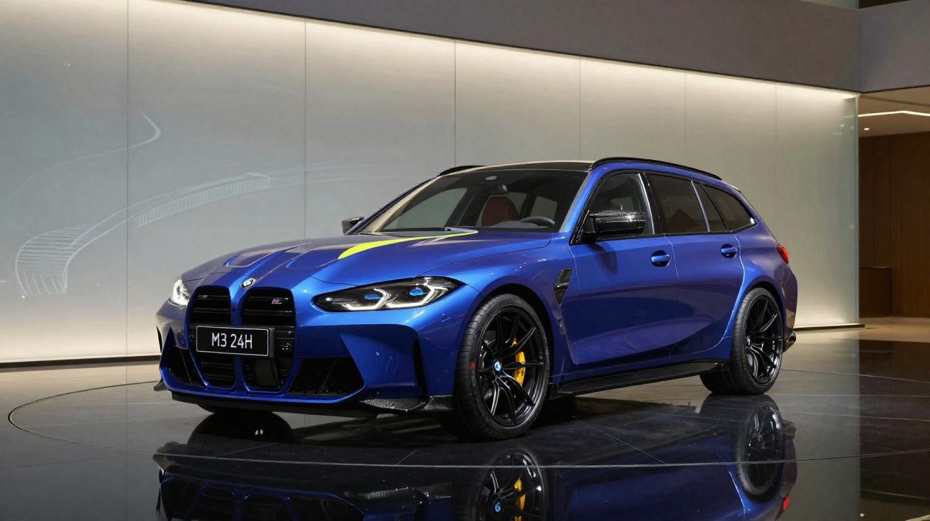 Carro BMW M3 azul metálico em exibição com jantes pretas e detalhes amarelos numa sala moderna.