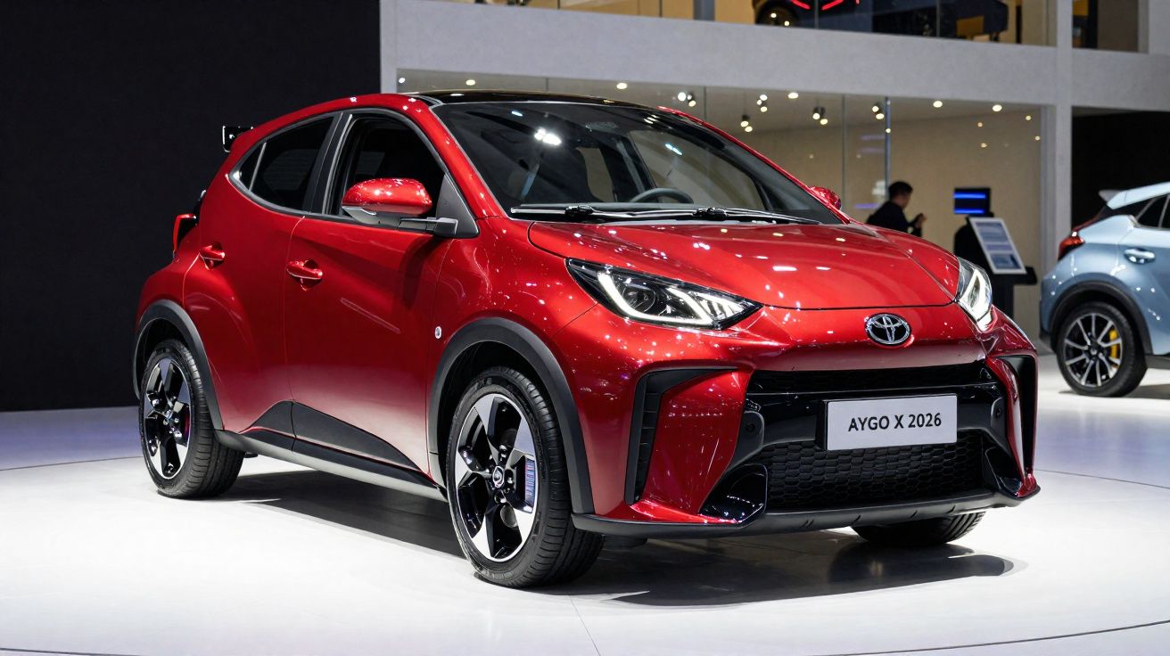 Carro Toyota Aygo X 2026 vermelho exposto em salão automóvel com fundo escuro e luzes refletidas.