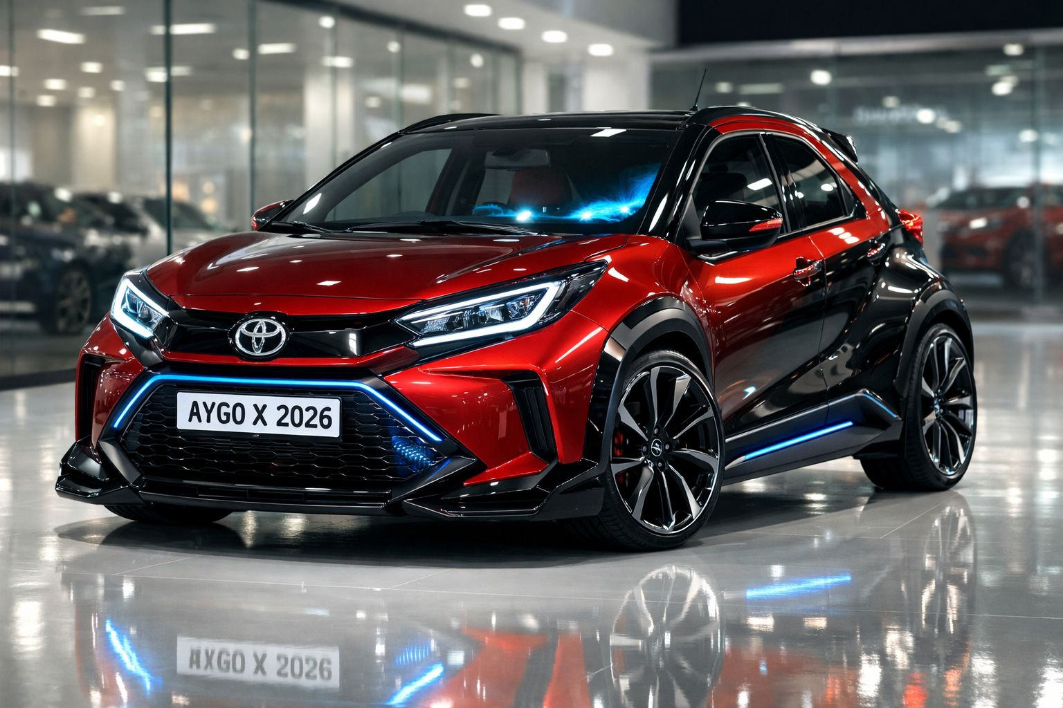 Automóvel Toyota Aygo X 2026 vermelho e preto com luzes LED em ambiente de exposição.