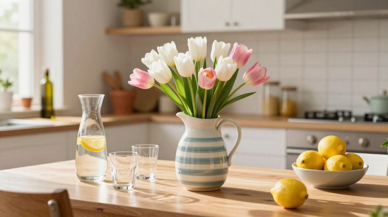 Jarro com tulipas brancas e rosa numa mesa de madeira com jarra de água, copos e limões numa cozinha moderna.